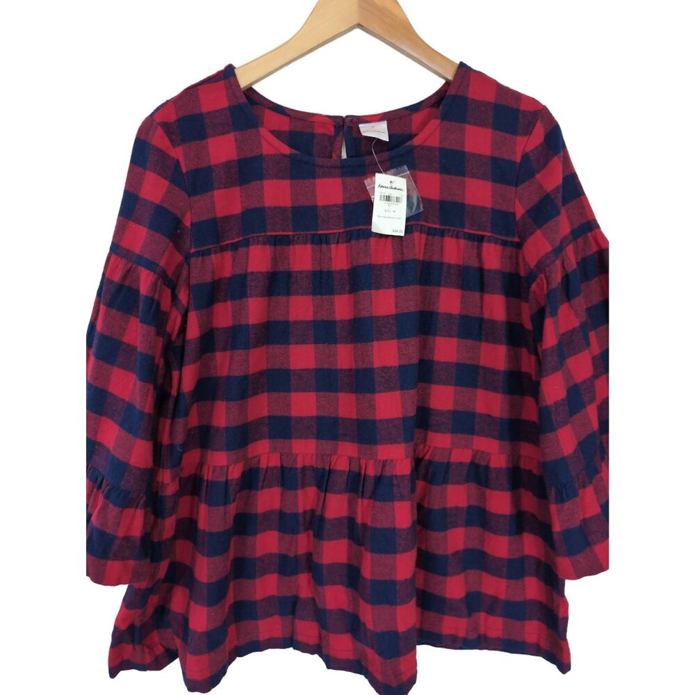 Hanna Andersson Babydoll Flannel Top Womens M Red Blue Plaid Western Bell Sleeve
